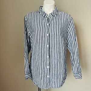 Tommy Bahama 100% Linen Navy Blue White Nautical Long Sleeve Top Shirt Women Lg